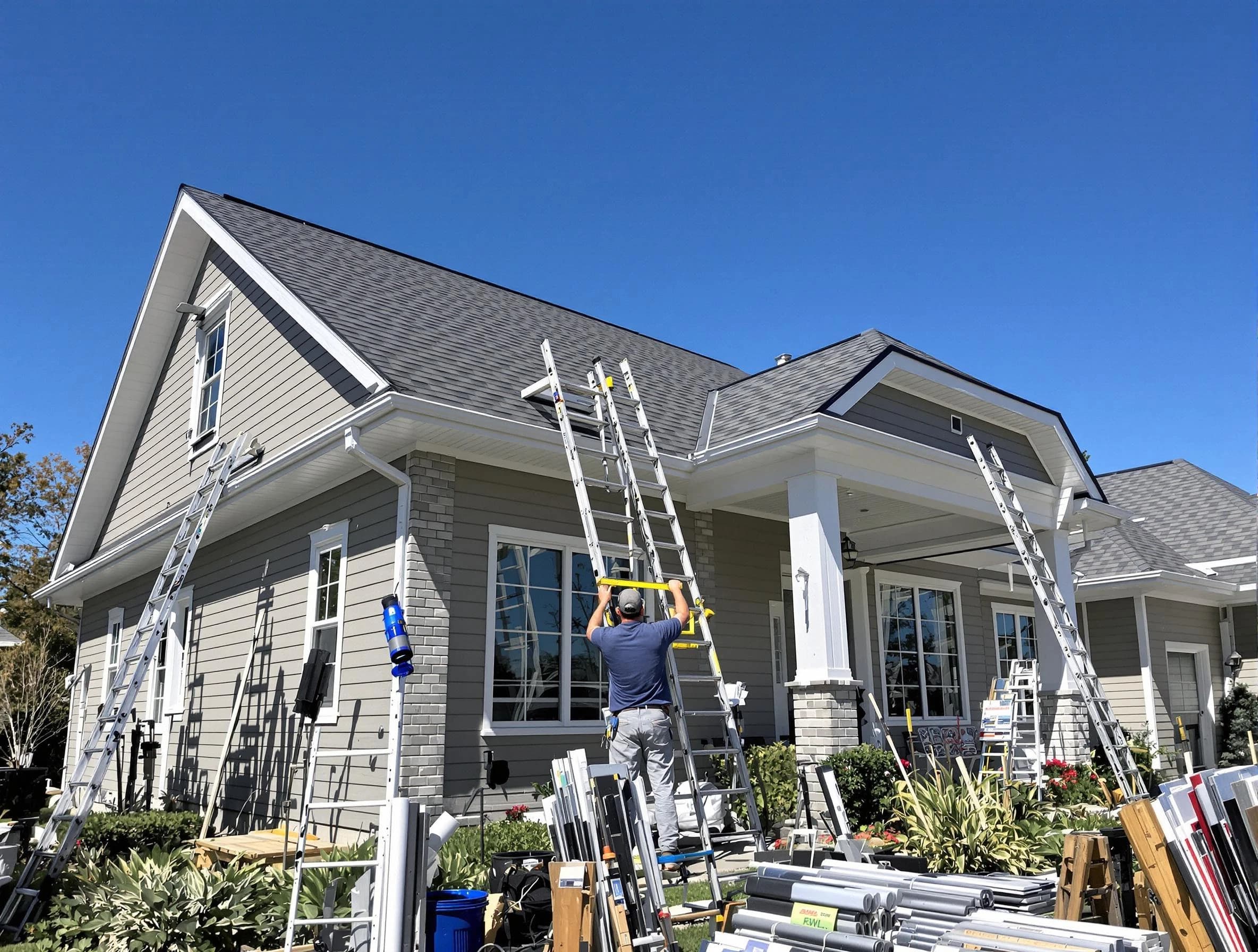 Stow Roofing Company fitting rain gutters at a home in Stow, OH