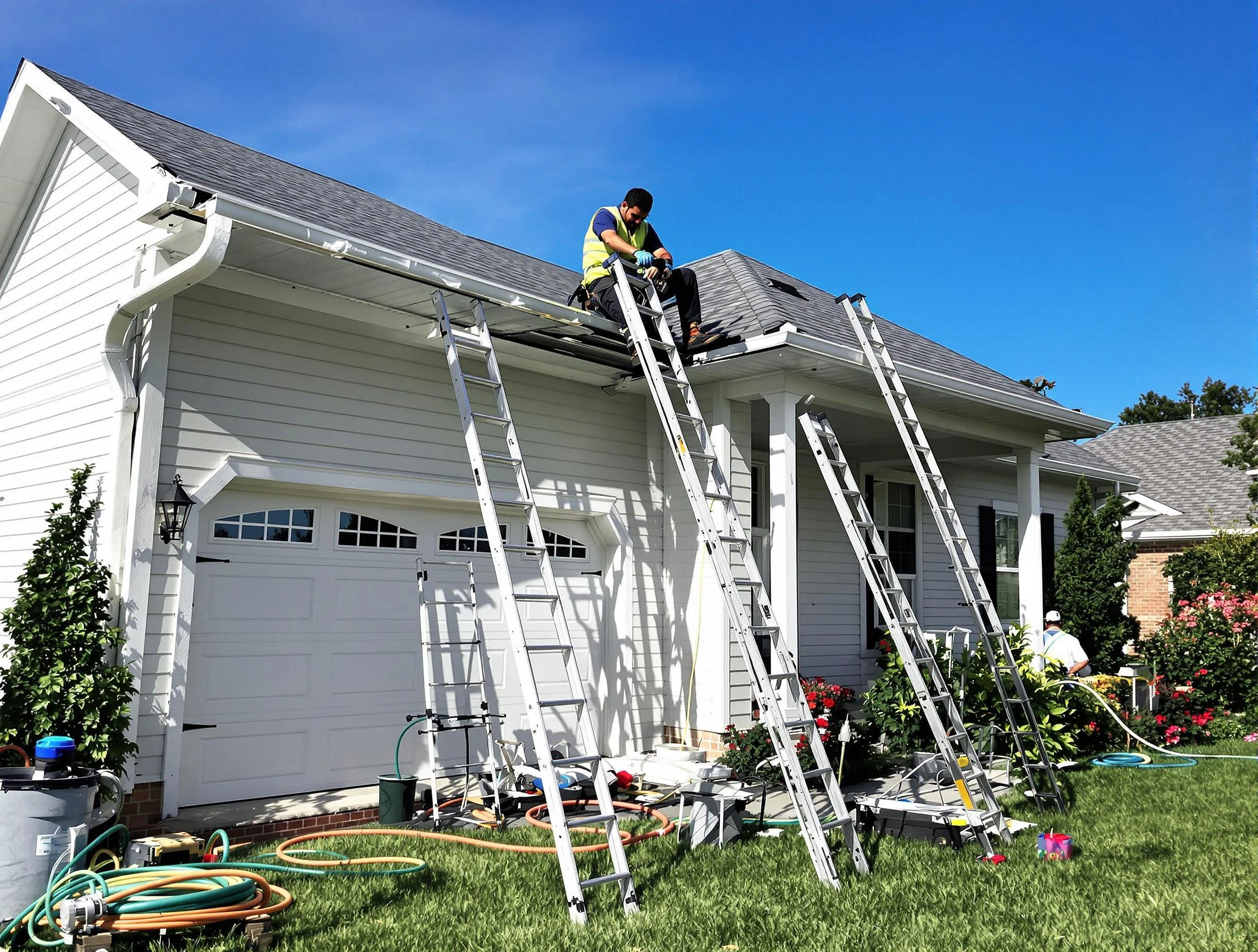 Removal of old gutters by Stow Roofing Company to install new system in Stow, OH